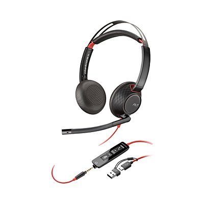 POLY Blackwire 5220 Słuchawki przewodowe stereo na USB-C i Jack 3,5mm + adapter USB-C na USB-A