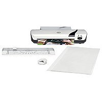 GBC Inspire+ ZESTAW 4w1: narzędzie do zaokrąglania narożników, trymer, 5x folii do laminacji, laminator A4 do laminacji na gorąco i na zimno 250mm/min biały